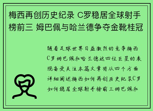 梅西再创历史纪录 C罗稳居全球射手榜前三 姆巴佩与哈兰德争夺金靴桂冠