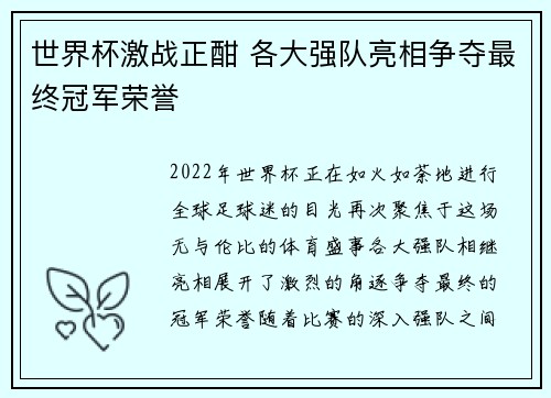 世界杯激战正酣 各大强队亮相争夺最终冠军荣誉