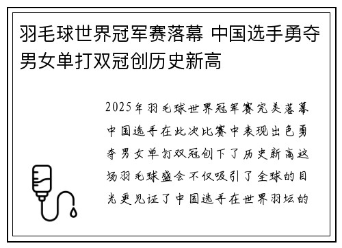 羽毛球世界冠军赛落幕 中国选手勇夺男女单打双冠创历史新高